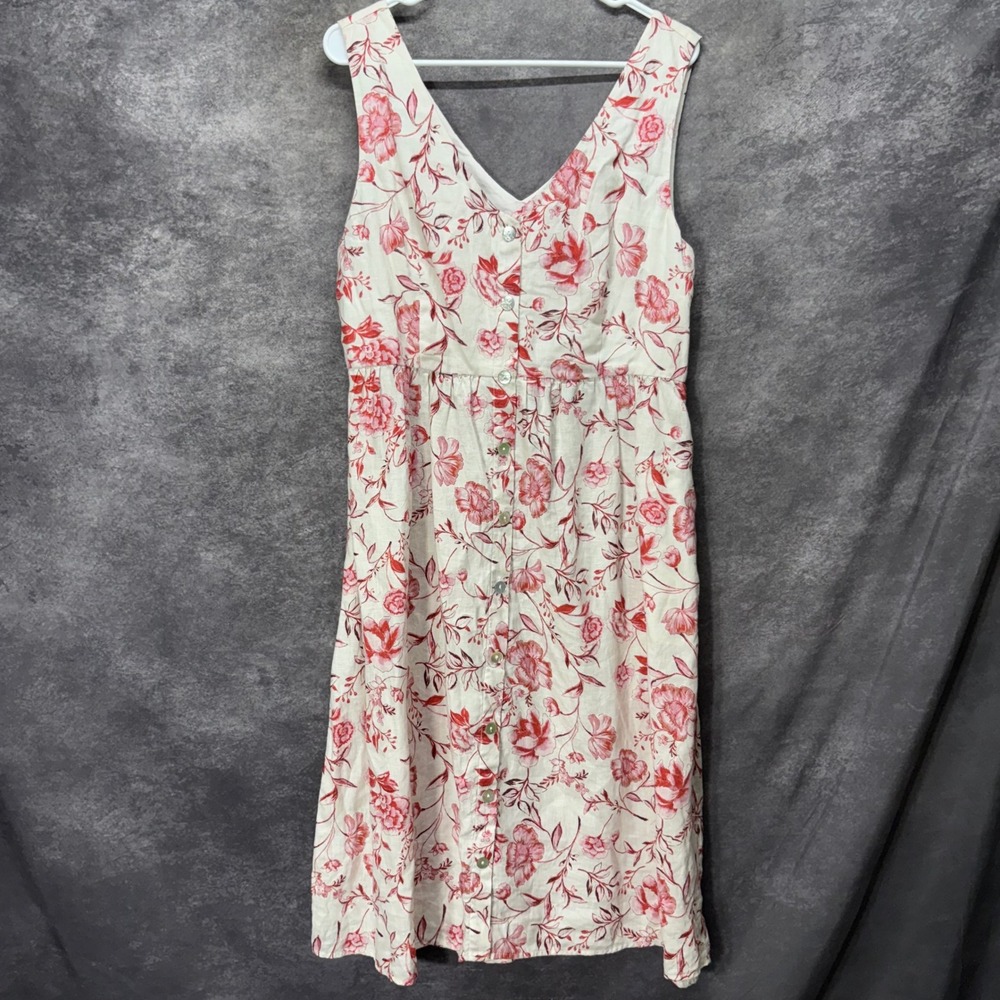 Cynthia Rowley 100% Linen Floral Button Front Midi Dress Size 10 Red Cream